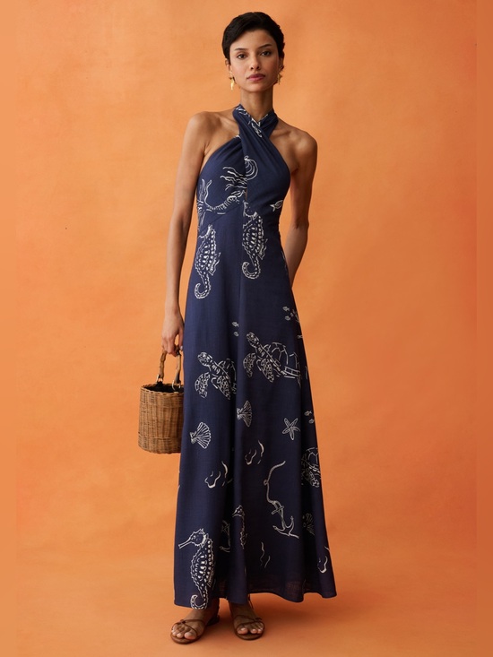 Few Moda Dresses & Skirts - Few Moda Oceana Navy Sea Life Halter Maxi Dress Linen Blend NWT Size 6